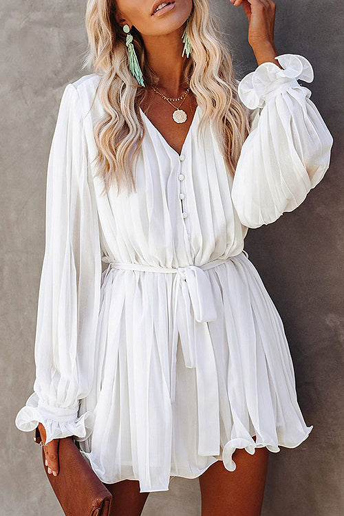 Pleated Deep V-Neck Button Front Tie Waist Lantern Sleeve Mini Dress