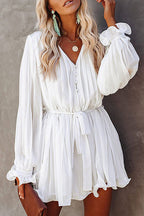 Pleated Deep V-Neck Button Front Tie Waist Lantern Sleeve Mini Dress
