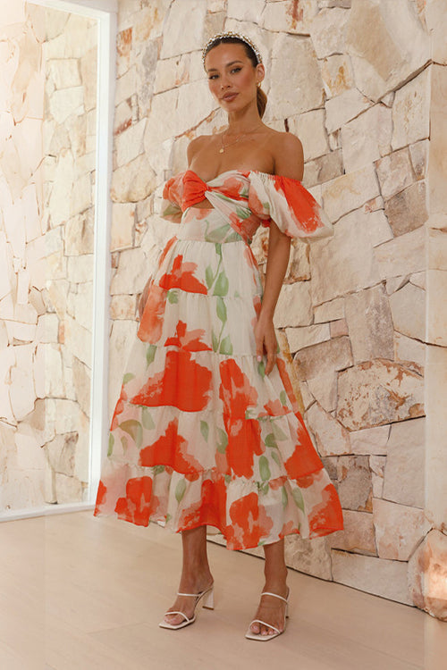 Off Shoulder Twist Front Cut Out Puff Sleeve Tiered Floral Maxi Dress