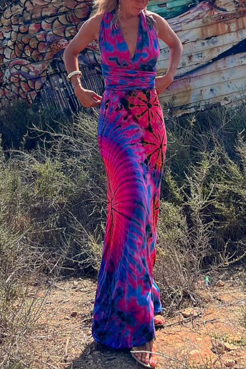 V Neck Criss Cross Backless Tie Dye Maxi A-line Dress