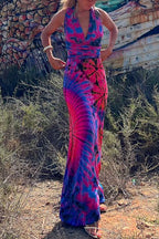 V Neck Criss Cross Backless Tie Dye Maxi A-line Dress