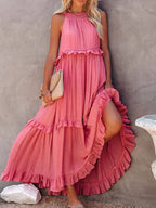 Tiered Ruffle Trim Sleeveless Halter Neck Maxi Dress