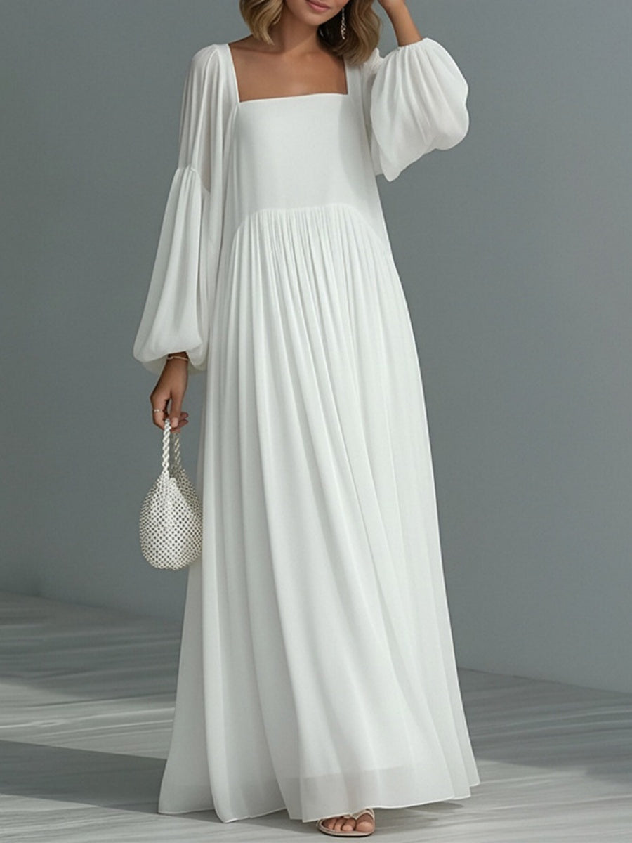 Vacation Balloon Sleeve Big Swing Square Collar Comfort Maxi Dresses