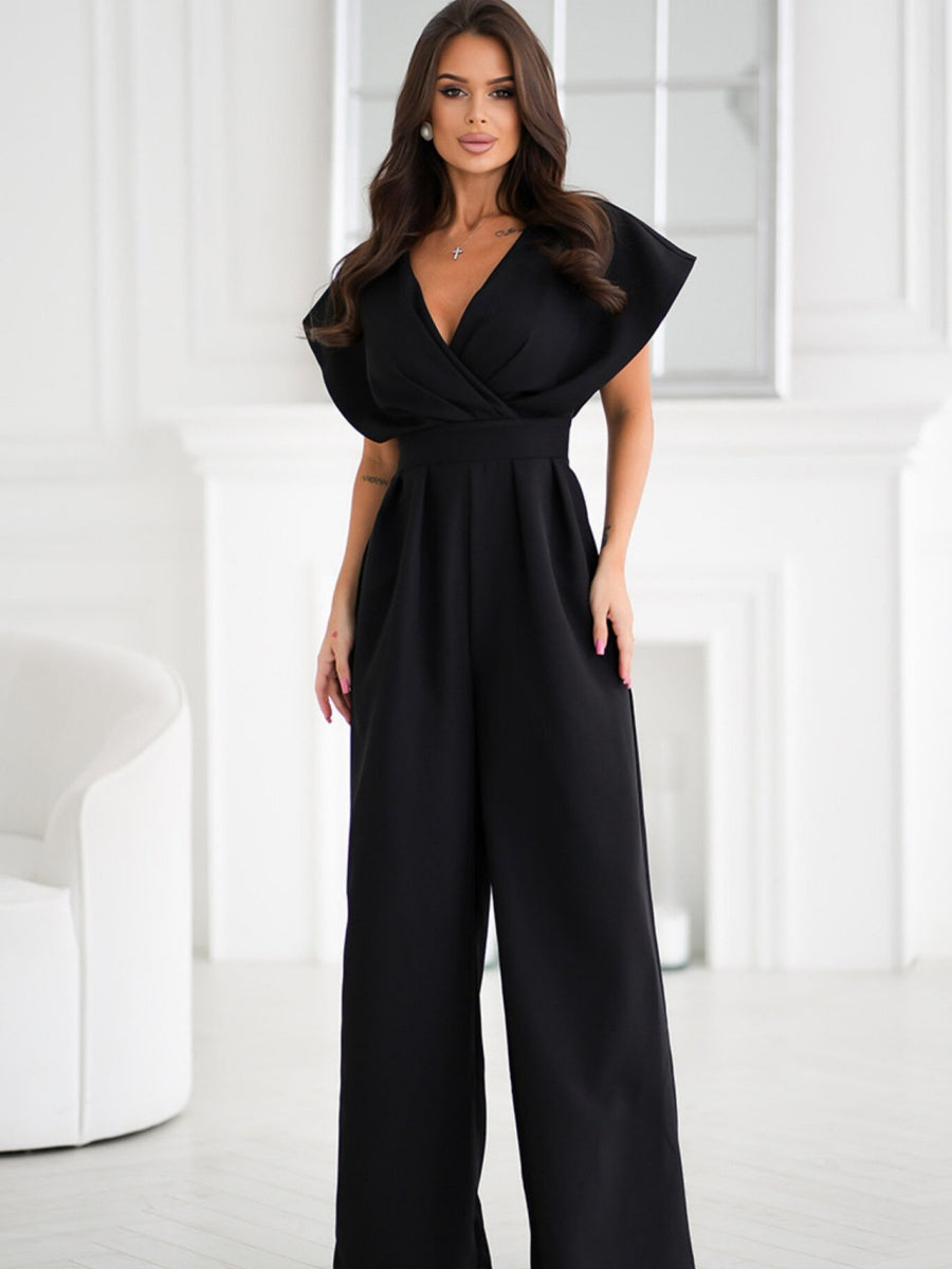 V-neck Commuting Wide Leg Jumpsuits