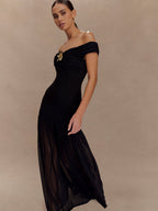 Mesh Splicing Off-shoulder Pleated Backless Maxi Dresses