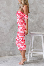 Off Shoulder Ruched Mesh Overlay Slim Fit Floral Midi Dress
