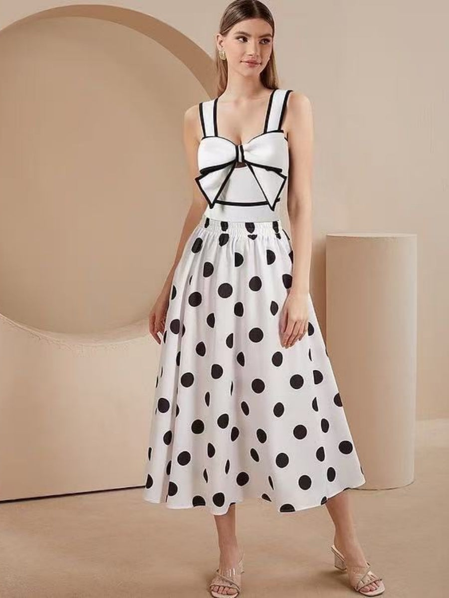 Black And White Color-blocked One-piece Swimsuit With Polka Dot Sun Protection Maxi Dress Two-piece Set