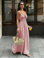 Stripes Color-blocked Splicing V-neck Hollow Maxi Dresses