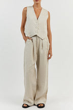 V Neck Button Down Blazer Vest and Wide Leg Pants Set
