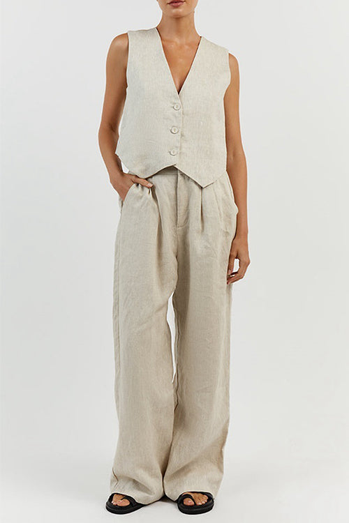 V Neck Button Down Blazer Vest and Wide Leg Pants Set