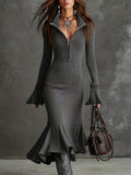 Zipper Lapel Flared Sleeves Fishtail Maxi Dresses