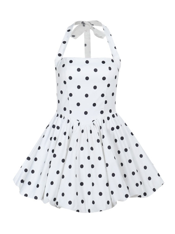 Polka Dots Printed A-line Halter Neck Short Dress