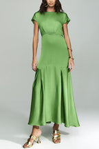Crewneck Short Sleeves Back Cut Out Satin Maxi Dress