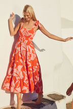 Botanical Leaf Print Smocked Square Neck Tie Shoulder Tiered Maxi Dress