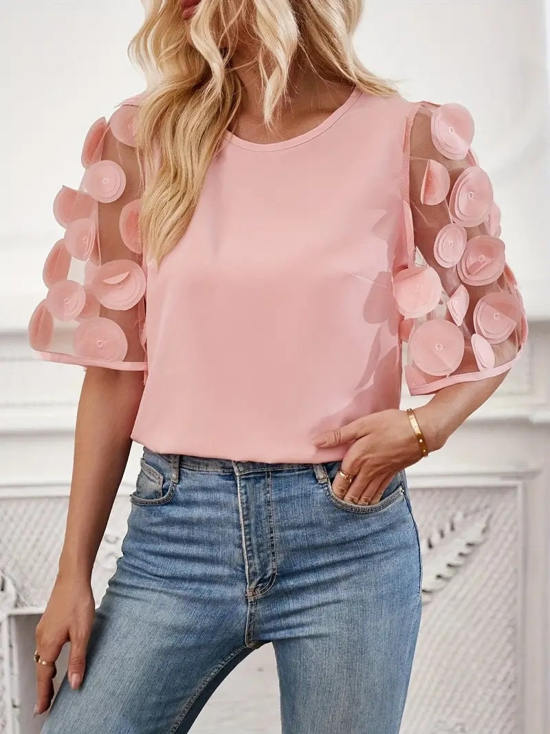Round Neck Hollowed-out Lace Patchwork Short-sleeved T-shirt