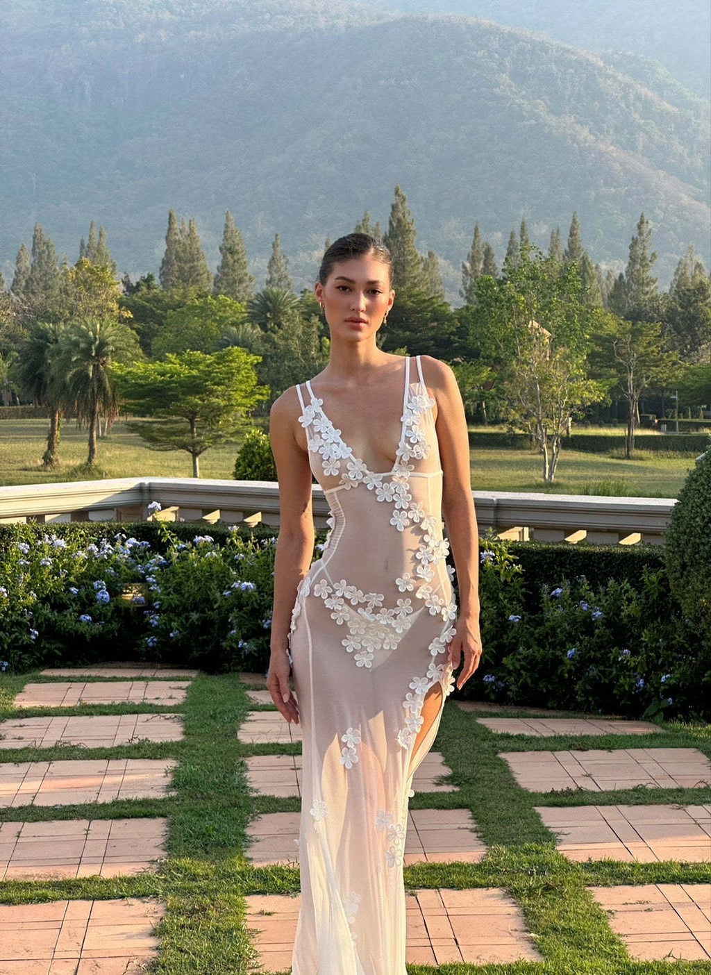 3D Flowers Mesh Perspective Camisoles Formal Dress Maxi Dresses