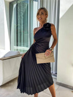 Sloping Shoulders Pleated Hollow Flowers Parties Bridesmaid Maxi Dresses