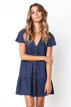 Linen Look V-Neck Button Front Flutter Sleeve Ruffle Hem Mini Dress