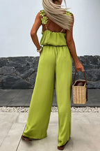 V Neck Backless Waisted Wide Leg Floral Cami Jumpsuit