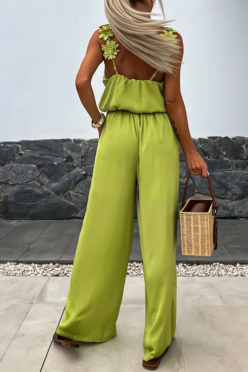 V Neck Backless Waisted Wide Leg Floral Cami Jumpsuit