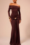 Off Shoulder Knot Front Bodycon Maxi Party Dress