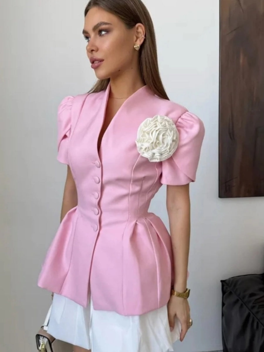 Waist 3D Flowers Short Sleeve Suit Jacket Commuting Shirts