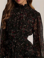 Turtleneck Wood Ear Belts Floral Mini&Short Dresses