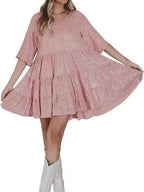 Sequins Crew Neck Loose Waist Short Sleeve Dress