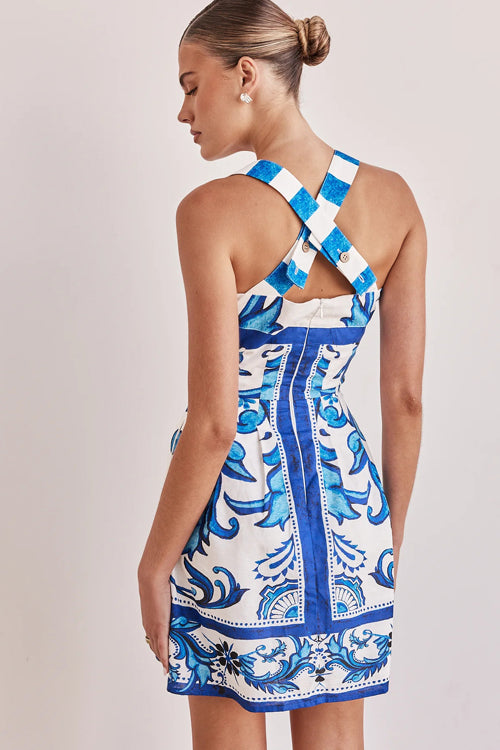 Ornamental Print Square Neck Wide Strap A-Line Mini Dress