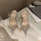 Glitter Rhinestones Silk Women Pumps with Crystal Bowknot - Spring Autumn Lady High Heels