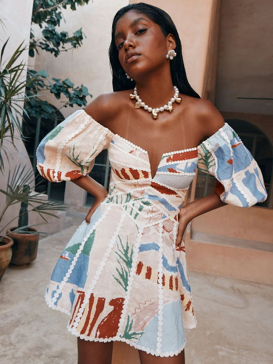 Geometric Pattern Printing Off Shoulder Short Sleeve Vacation Mini&Short Dresses