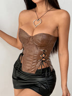 PU Leather Waist-cinching Strapless Top Fishbone Breastband Camis
