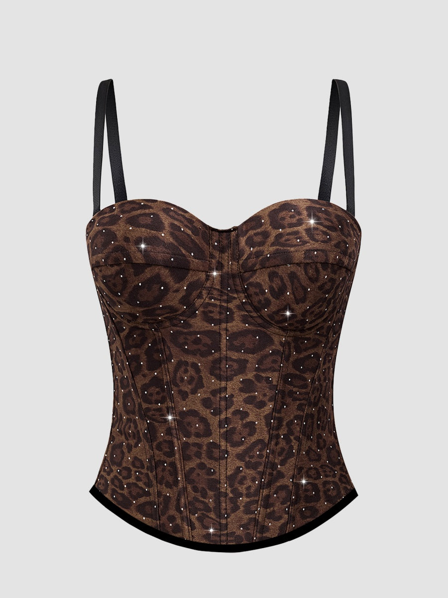 Rhinestone-studded Body Shaping Fish Bones Leopard Print Camisoles