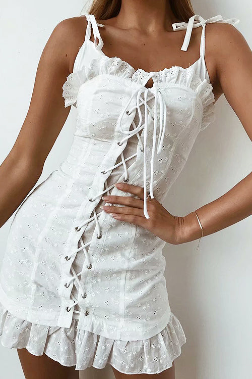 Eyelet Lace Spaghetti Strap Ruffle Neck Lace Up Corset Ruffle Hem Mini Dress