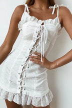 Eyelet Lace Spaghetti Strap Ruffle Neck Lace Up Corset Ruffle Hem Mini Dress