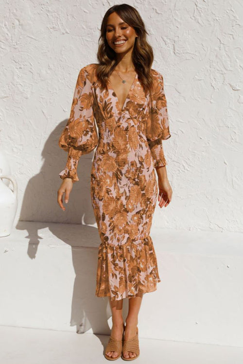 Floral Print Deep V-Neck Puff Sleeve Smocked Ruffle Hem Midi Dress