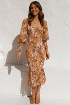 Floral Print Deep V-Neck Puff Sleeve Smocked Ruffle Hem Midi Dress