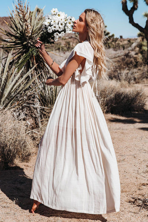 Plunging V-Neck Flutter Sleeve Tie Front Button Pocket Maxi Dress