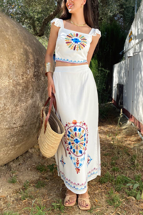 Unique Print Ruffle Cami Crop Top Side Slit Midi Skirt Set