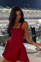 Square Neck Wide Strap Princess Seam Fit and Flare Skater Mini Dress