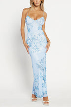Spaghetti Strap V Neck Floral Print Bodycon Maxi Dress