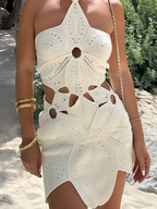 Asymmetrical Openwork Flower Halter Neck Mini&Short Dresses