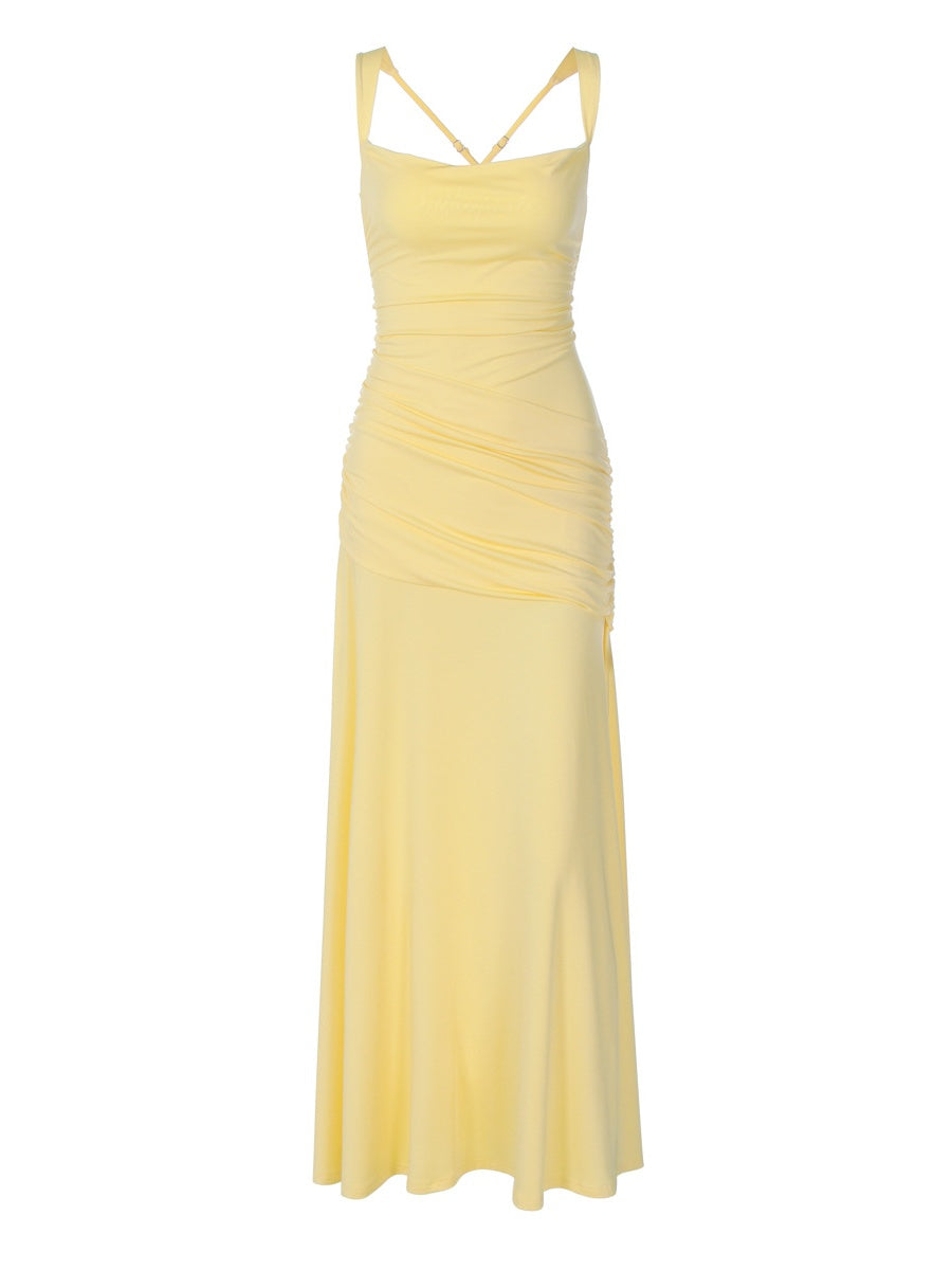 Solid Color Sleeveless Long Bodycon Dress With Back Tie Design