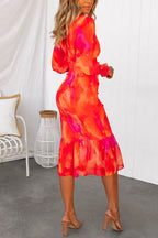 V Neck Long Sleeves Smocked Ruffle Printed Midi Bodycon Dress