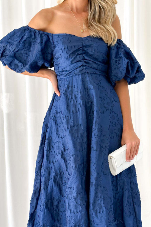 Off Shoulder Ruched Bust Puff Sleeve Floral Jacquard Midi Dress