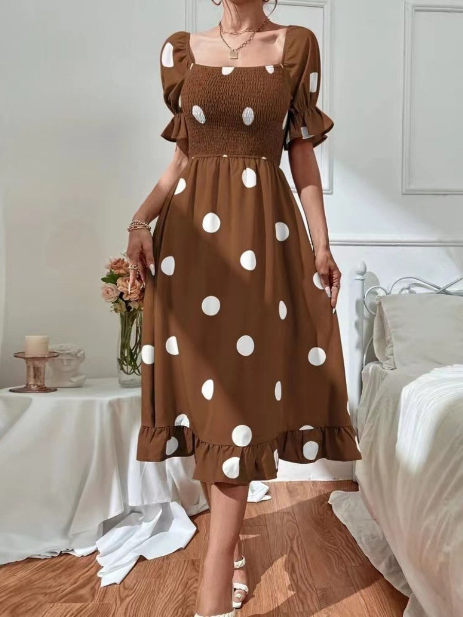 Square Collar Polka Dots Short Sleeve Ruffle Vacation And Leisure Maxi Dresses