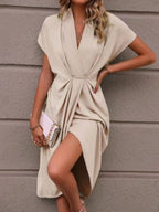 V-neck Solid Color Sleeveless Pleated Mini&Short Dresses