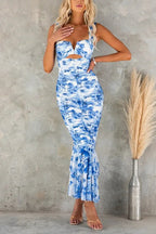 Cut Out Mesh Overlay Floral Print Ruffle Midi Cami Dress
