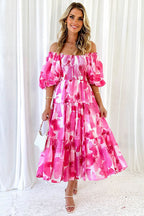 Botanical Floral Print Off Shoulder Smocked Puff Sleeve Tiered Midi Dress