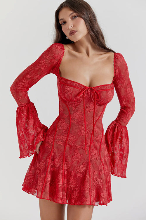 Square Neck Corset Tie Front Floral Lace Bell Sleeve Mini Dress